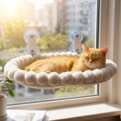 Chat roux endormi paisiblement dans un hamac pour chat fenetre blanc et moelleux