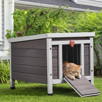 Chat roux endormi sur la rampe d'une niche extérieure pour chats en bois gris et blanc dans un jardin.