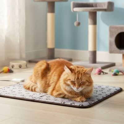   Chat roux endormi sur un tapis pour chat dans un salon lumineux