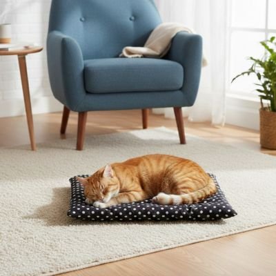 Chat roux endormi sur un tapis pour chat de couleur noir à pois blancs 