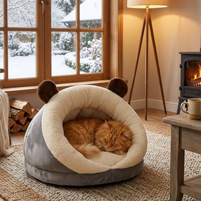 Chat roux endormis confortablement dans un lit chat en peluche gris