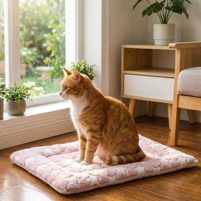 Chat roux et blanc assis sur un tapis chat de couleur rose à motifs d'étoiles blanches.