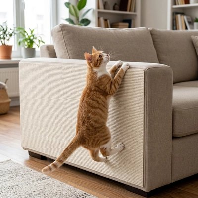 Chat roux et blanc fait ses griffes sur une housse de canapé anti griffe de chat