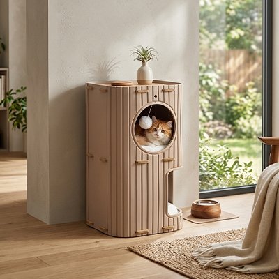 Chat roux et blanc installé dans l'ouverture d'une niche pour chat cylindrique beige près d'une fenêtre