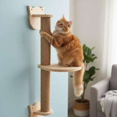 Chat roux faisant ses griffes sur un arbre chat fixé sur un mur bleu clair