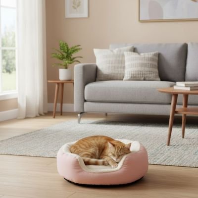 Chat roux endormi paisiblement dans un Panier pour chat rose, posé sur plancher en bois