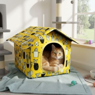 Petit chat roux reposant dans une maison pour chat colorée