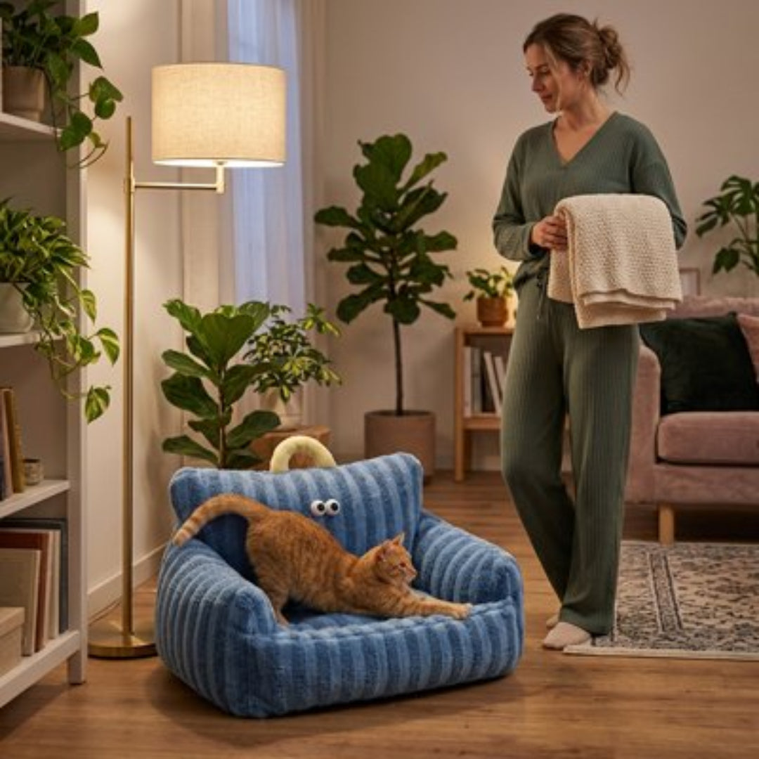 Chat roux s'étirant dans un panier chat bleu en velours côtelé en forme de canapé