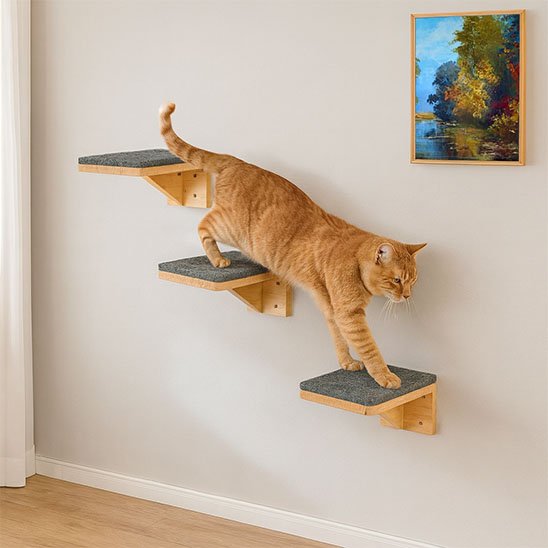 chat roux sur arbre a chat mural sous forme d'escalier sur un mur blanc