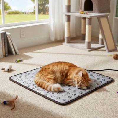 Chat roux tigré dormant confortablement dessus tapis pour chat