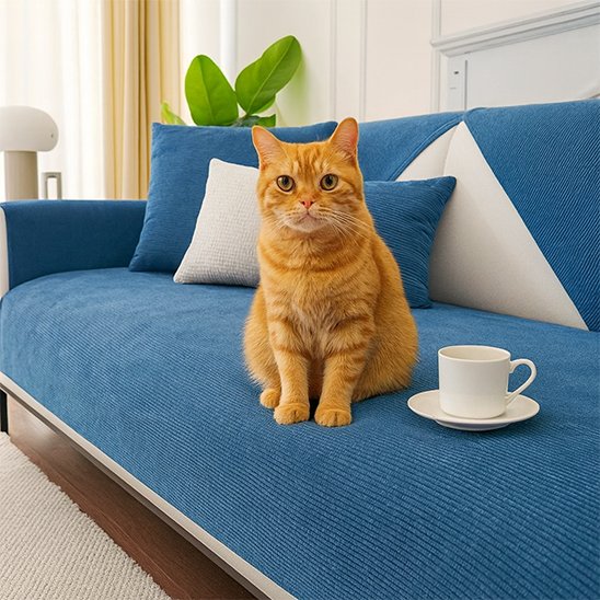 Un chat roux tigré est assis au centre d'un canapé moderne recouvert d'une protection canapé chat en tissu bleu texturé