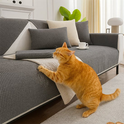 Un chat roux tigré en train de faire ses griffes sur le flanc d'un canapé recouvert d'une protection canapé chat gris foncé