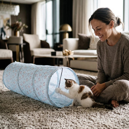 Chat s'amuse dans un tunnel pour chats 