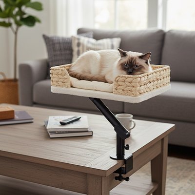 Chat se reposant dans un panier chat rectangulaire en osier tressé clair