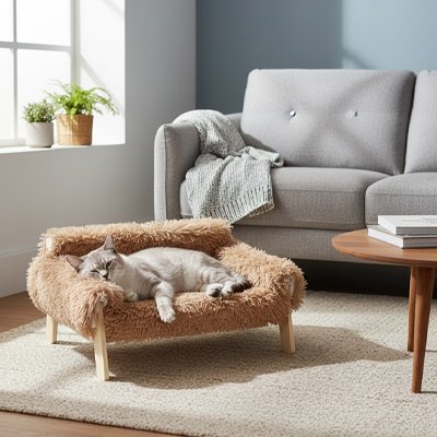 Un chat gris et blanc se repose paisiblement dans un lit pour chat surélevé en peluche marron