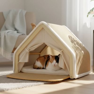 Un chat se repose dans une maison pour chat