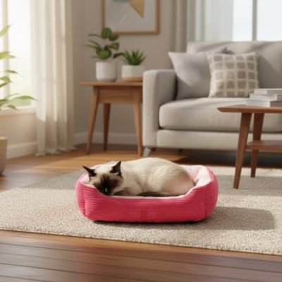 Chat siamois dort paisiblement dans un panier chat rose vif sur un tapis de salon ensoleillé