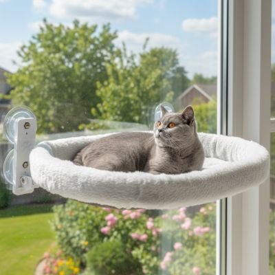 Chat gris allongé confortablement sur un hamac pour chat fenetre, observant l’extérieur lumineux 