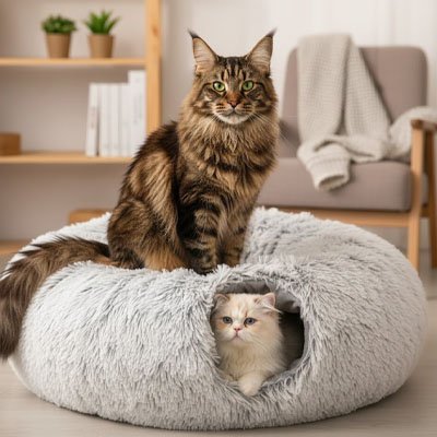 Grand chat tigré à poil long assis sur une niche pour chat grise, tandis qu’un chat blanc et crème est confortablement installé à l’intérieur