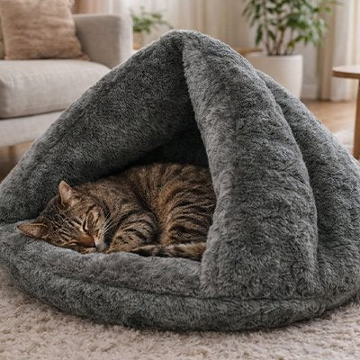Un chat  tigré dort paisiblement à l'intérieur d'un lit pour chat  en peluche gris