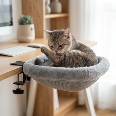 Un chat tigré allongé dans un hamac pour chats en tissu gris, fixé au rebord d'une table de travail en bois