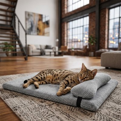 Chat tigré allongé paisiblement sur un lit chat de couleur gris, posé sur un tapis