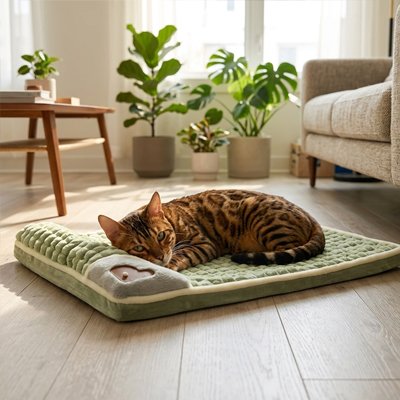 Chat tigré allongé  sur un lit pour chat  posé sur plancher en bois