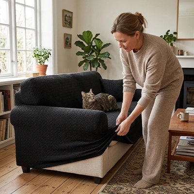 Chat tigré allongé sur une housse canapé chat noire