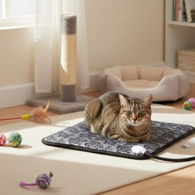 Chat tigré brun est assis sur un tapis pour chat orné de motifs de roses noires