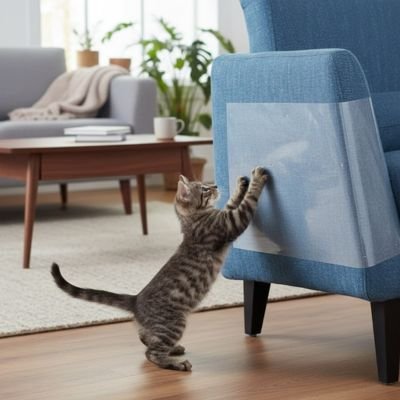 chat tigré dresse ses pattes sur l'accoudoir en tissu bleu d'un fauteuil protégé par Protege canape chat 