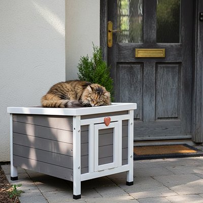 Chat tigré à poil long endormi sur le toit d'une niche extérieure pour chats en bois gris et blanc.