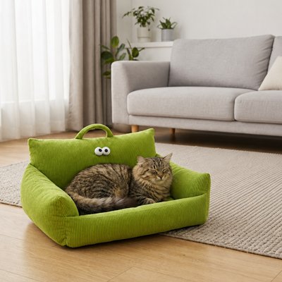 Chat tigré endormi sur un panier chat vert en velours côtelé avec une poignée et des yeux amusants