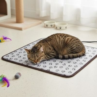 Chat tigré endormi paisiblement sur un tapis pour chat à motifs de e pattes