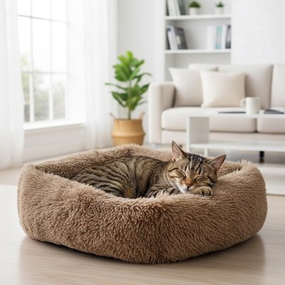 Chat tigré endormis dans un lit pour chat rond et duveteux de couleur gris marron