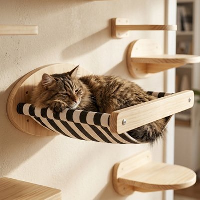 chat tigré est endormis sur un arbre à chat mural en bois