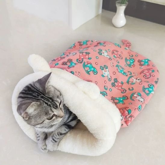 Chat tigré gris à l'intérieur d'un panier pour chat posé sur un sol clair