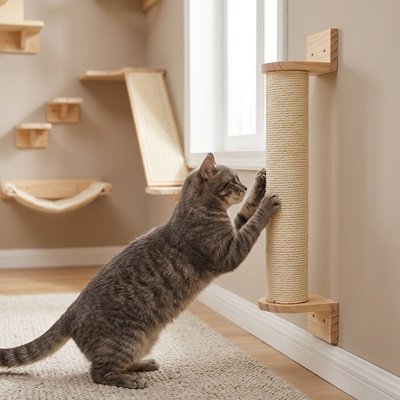 Chat tigré gris fait ses griffes sur un arbre chat mural en sisal 