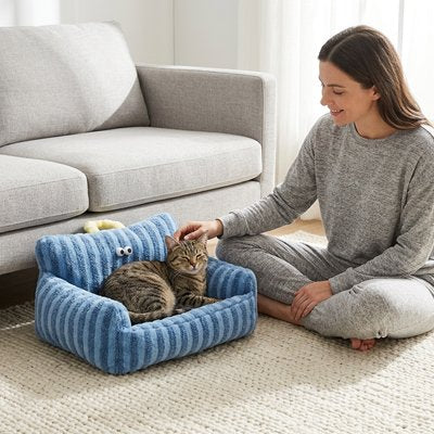 Chat tigré installé dans un panier chat bleu en velours côtelé, caressé par sa propriétaire