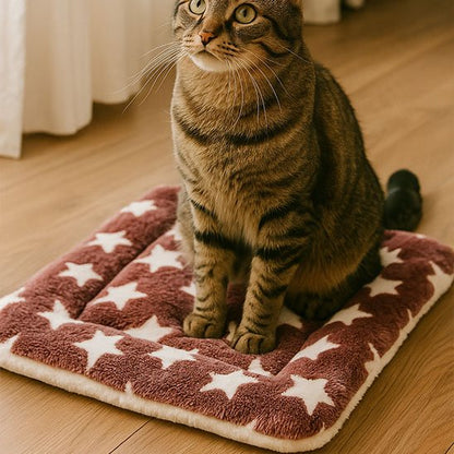 Chat tigré marron est assis bien droit et regarde vers le haut, perché sur un tapis chat