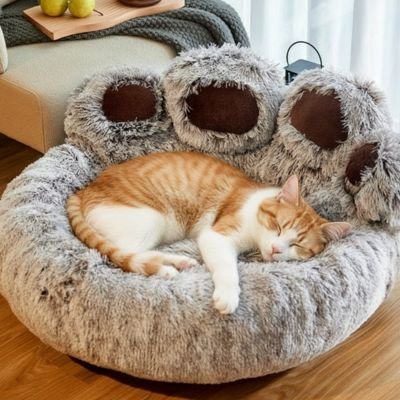 Chat tigré orange endormi sur un coussin pour chat sous forme de patte d'animal géant