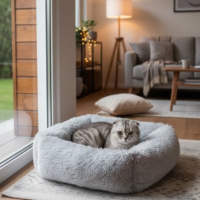 Chat tigré se repose confortablement dans un panier chat carré en peluche grise