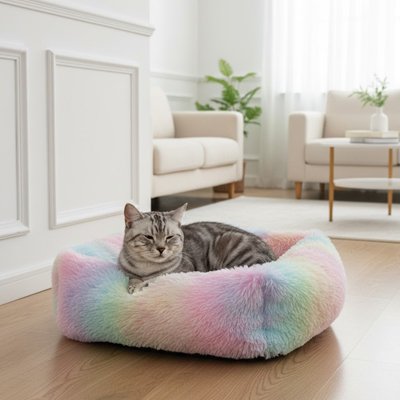 Chat tigré gris se repose paisiblement dans un coussin pour chat