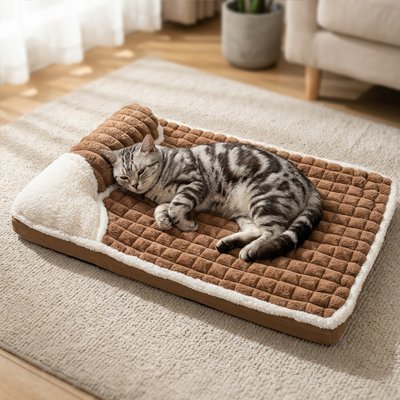 Chat tigré allongé confortablement sur un lit pour chat 