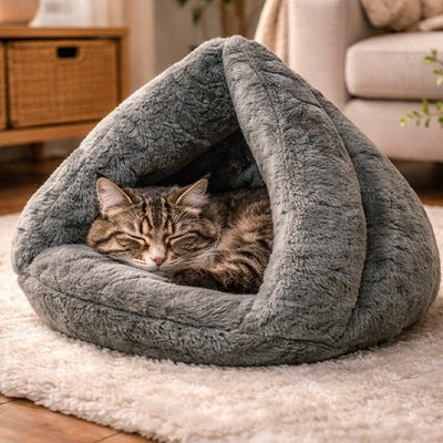 Un chat  tigré endormis dans un lit pour chat  en peluche gris