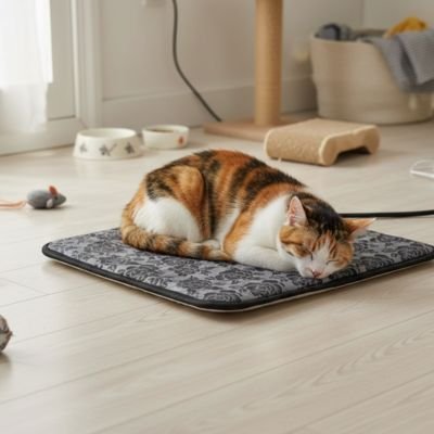 Chat tricolore endormi sur un tapis pour chat élégant à motifs de roses