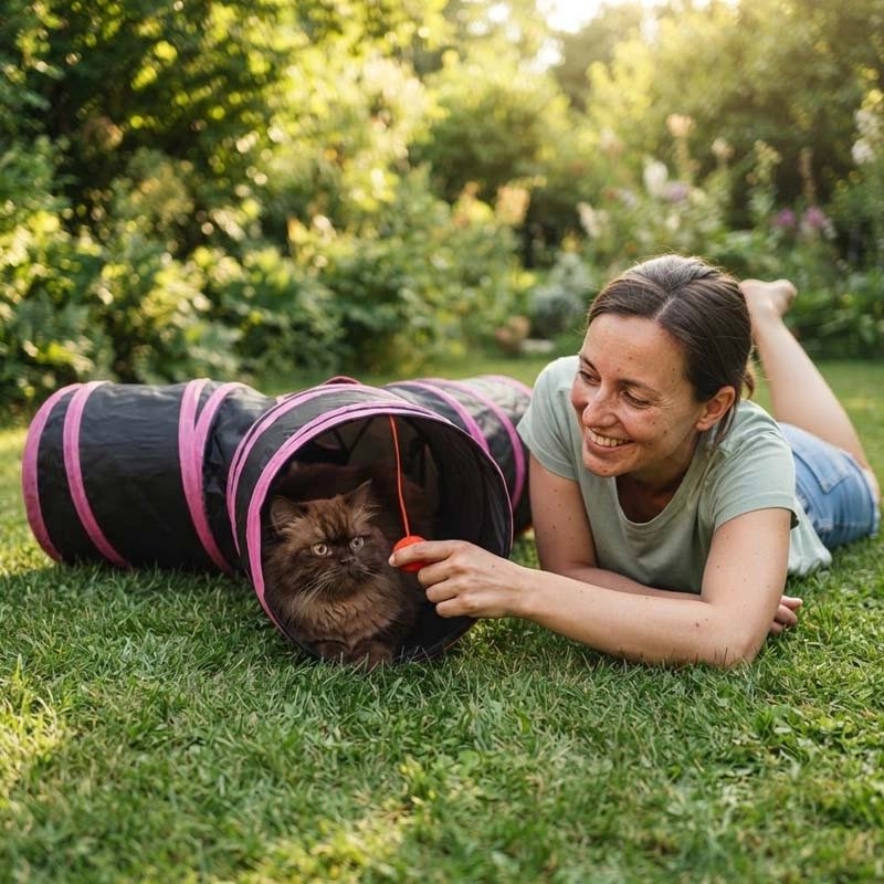 Chat tunnel dans le jardin