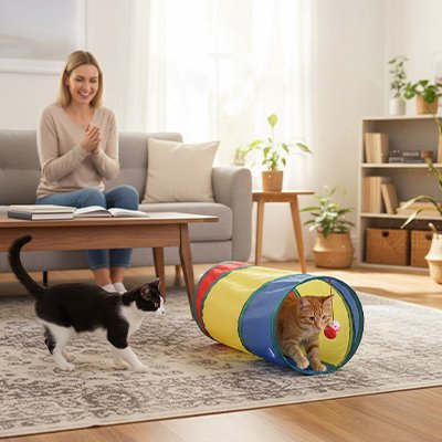Chat tunnel devant une femme 