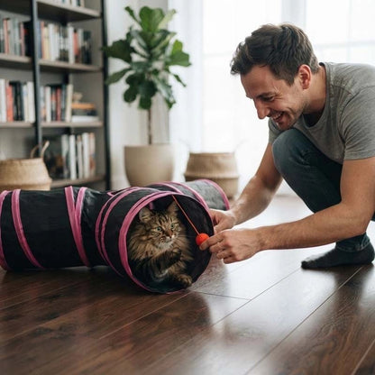 Chat tunnel sur le plancher en bois