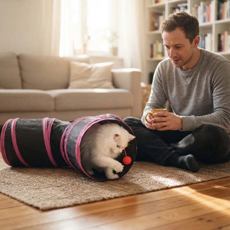 Chat tunnel sur le tapis