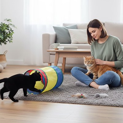 Chat tunnel sur un tapis